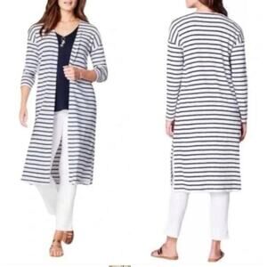 J. Jill Open Front Duster Cardigan Womens‎ 2X Blue White Striped Coastal Sailor
